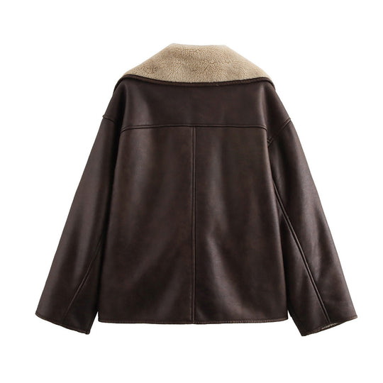 Damen Kunstlederjacke mit weichem Kragen und praktischen Taschen R&B