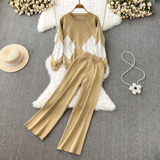 Damen elegantes Strick-Loungewear-Set mit Rautenmuster und weitem Bein R&B