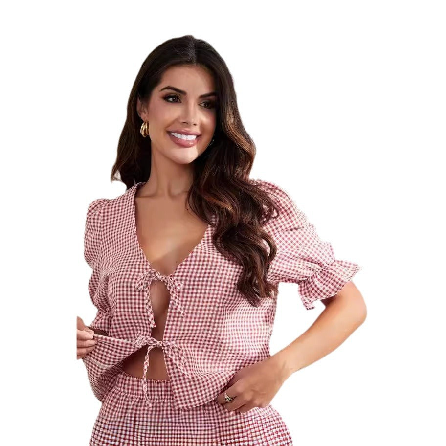 Damen Bluse mit Rüschendetails und Bindeband R&B