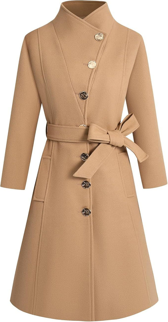 Damen eleganter Wrap-Mantel mit ausgefallenem Kragen und Gürtel R&B
