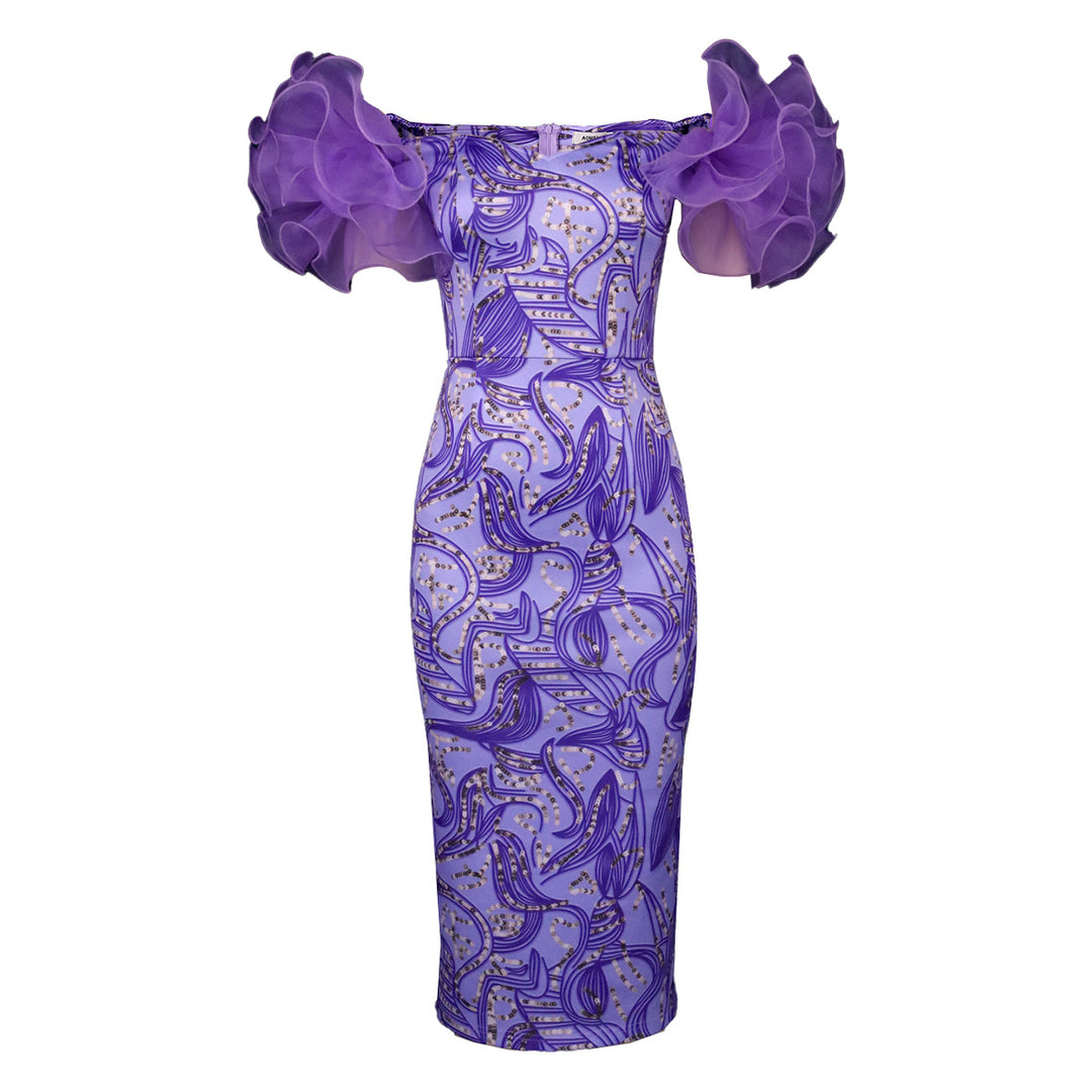 Damen Elegantes Midi-Kleid mit innovativen Puffärmeln und kunstvollem Druck R&B