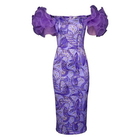 Damen Elegantes Midi-Kleid mit innovativen Puffärmeln und kunstvollem Druck R&B