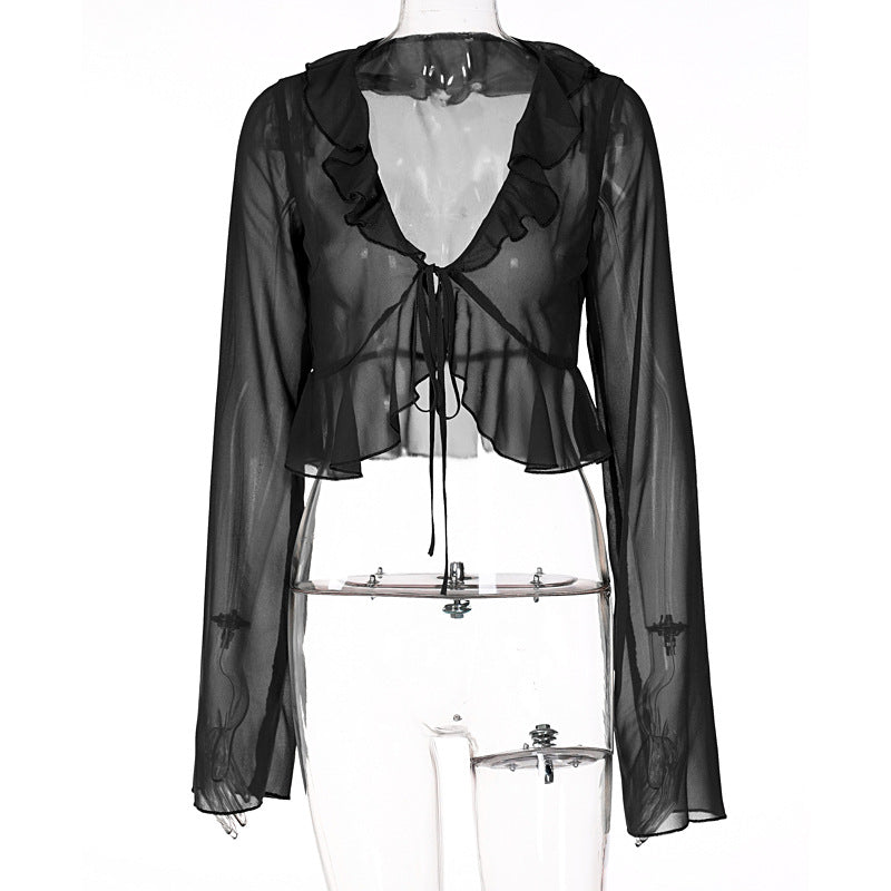 Damen Transparente Bluse mit Rüschen und Bindedetail R&B