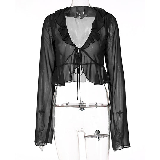 Damen Transparente Bluse mit Rüschen und Bindedetail R&B