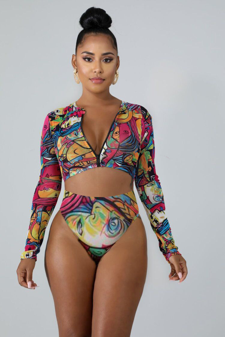 Damen Surf-Bikini-Set mit langärmeligem Oberteil und modischem Reißverschluss R&B