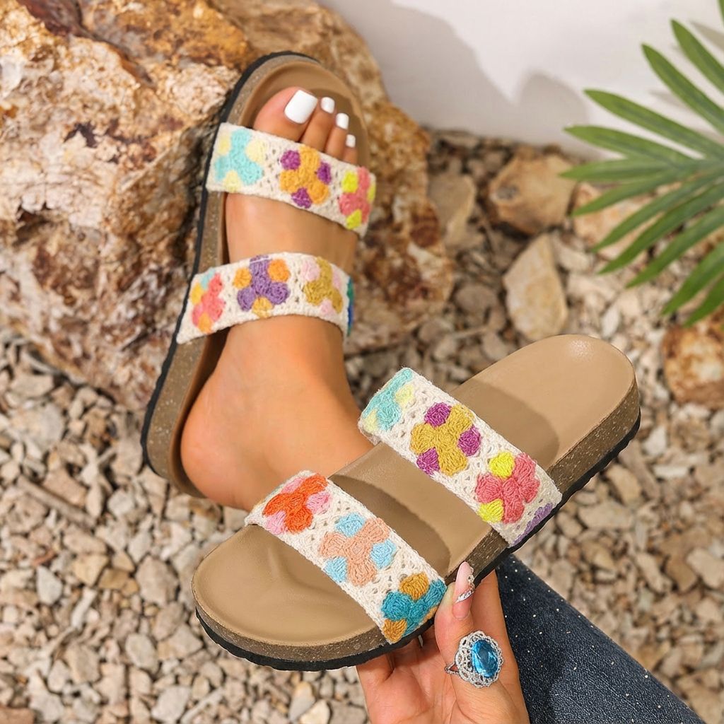 Damen Komfortable Sandalen mit floralem Stickdesign und gepolsterter Sohle R&B