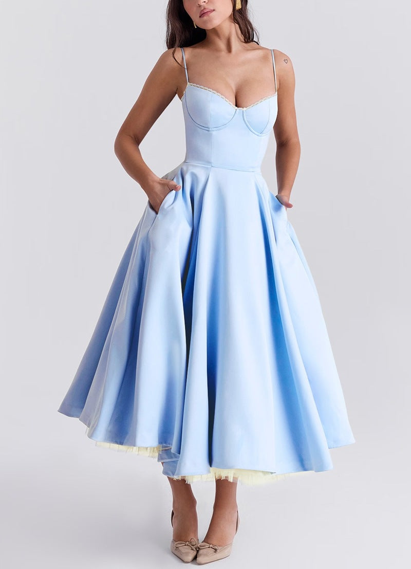 Damen nan tailliertes retro-inspiriertes Midikleid mit Korsage Unterbrustnähten Tellerrock und Eingrifftaschen R&B