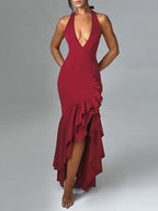 Damen Elegant geschnittenes Abendkleid mit tiefem V-Ausschnitt und Rüschendetails R&B