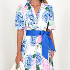 Damen Maxikleid mit botanischem Blütenmuster und tailliertem Bindegürtel R&B
