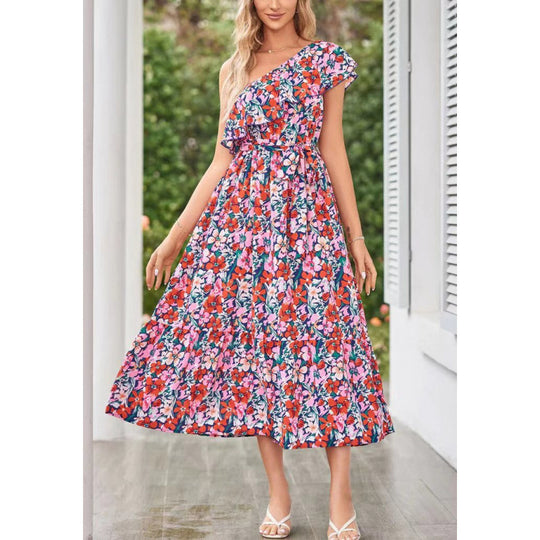 Damen Maxikleid mit asymmetrischem Schnitt und floralem Volantdesign R&B