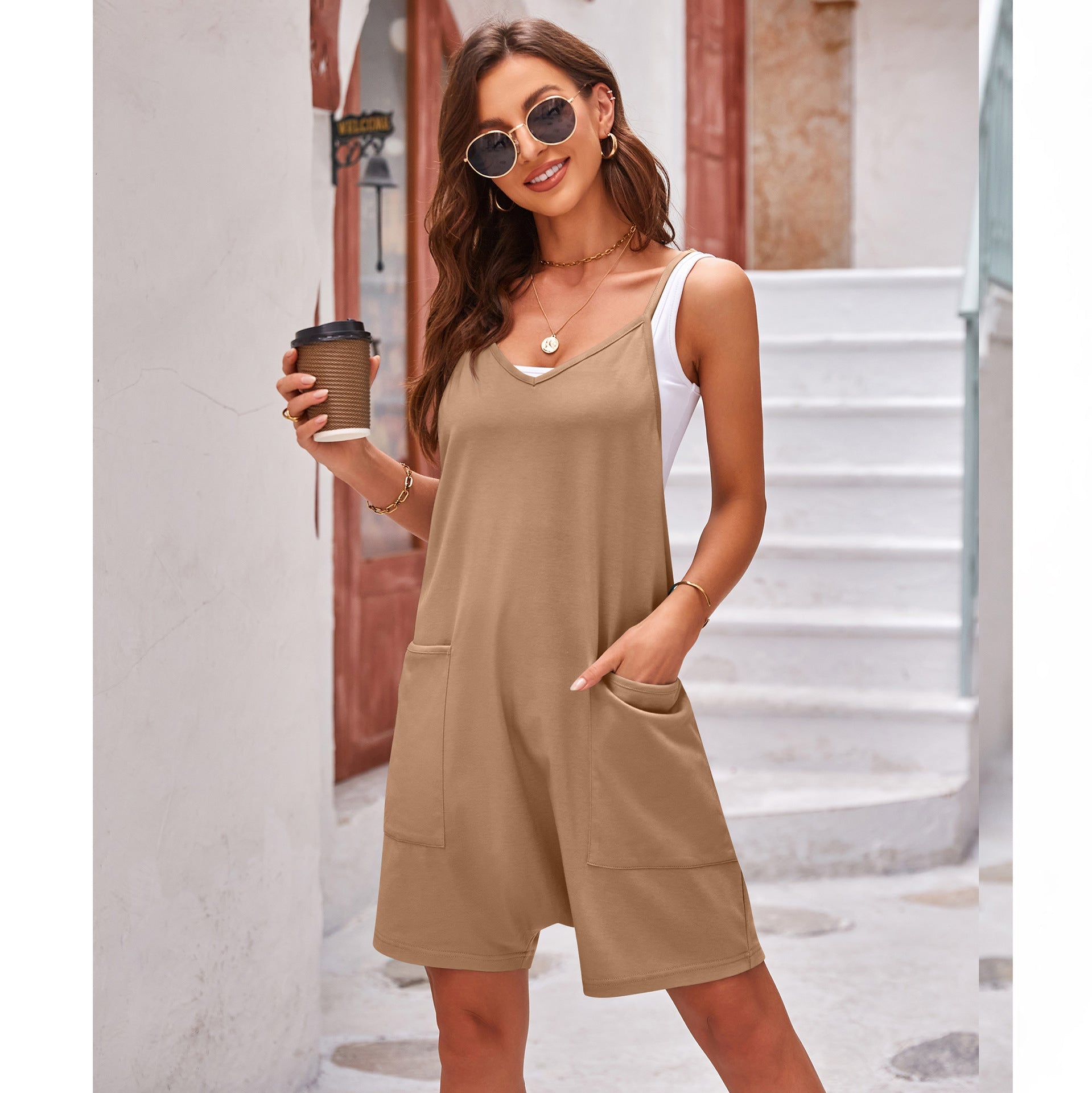 Damen sportlicher Jumpsuit mit praktischen Taschen und weitem Schnitt R&B