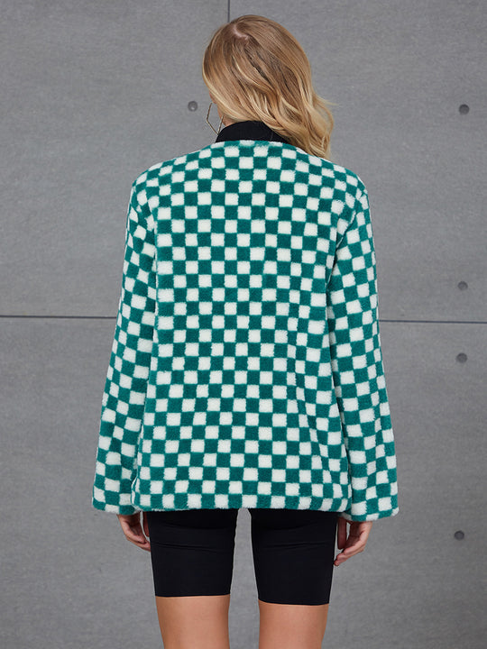 Damen Modische Kunstpelzjacke mit Karomuster und hohem Kragen R&B