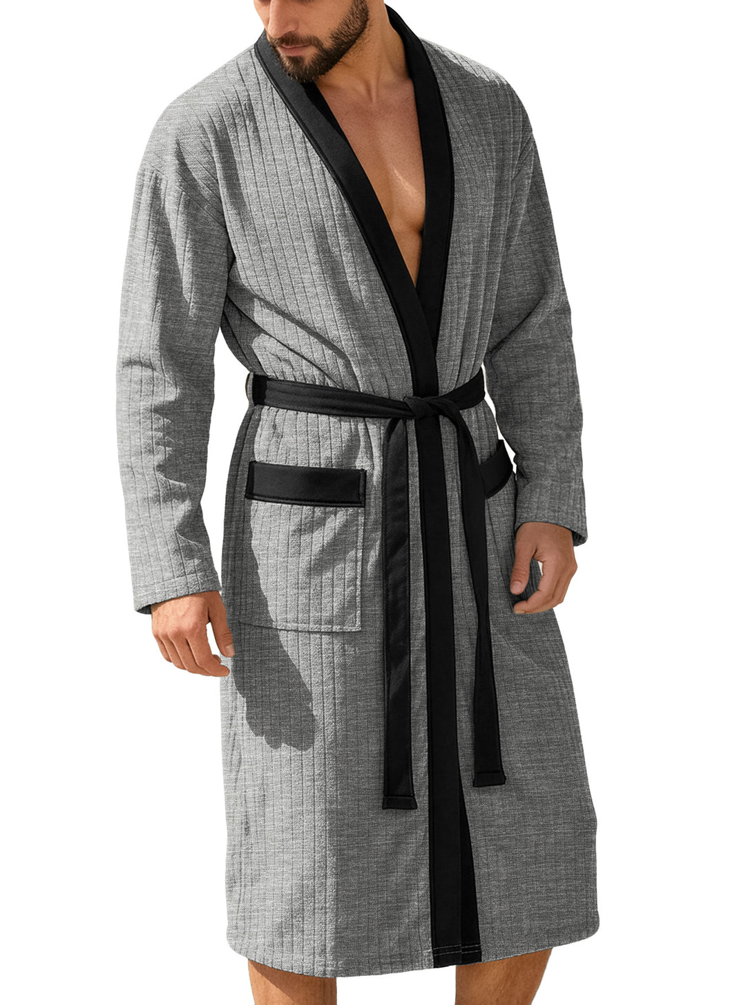 Herren nan wadenlanger Rippen-Bademantel im Kimono-Stil mit Schalkragen und Kontrastpaspel R&B
