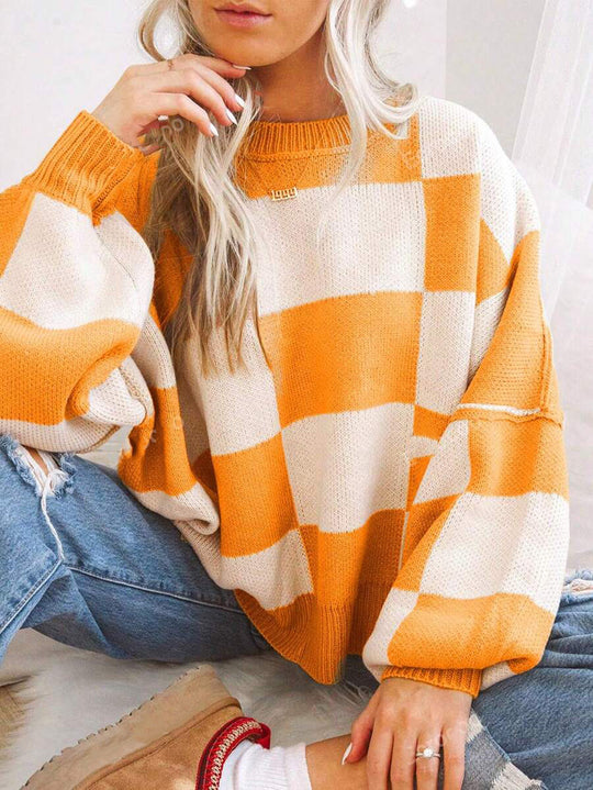 Damen modischer Pullover mit Karomuster und weitem Schnitt R&B