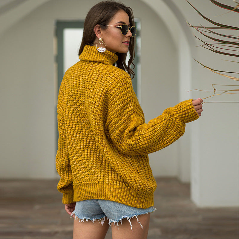 Damen Grobstrickpullover mit hohem Kragen und Zopfmuster R&B