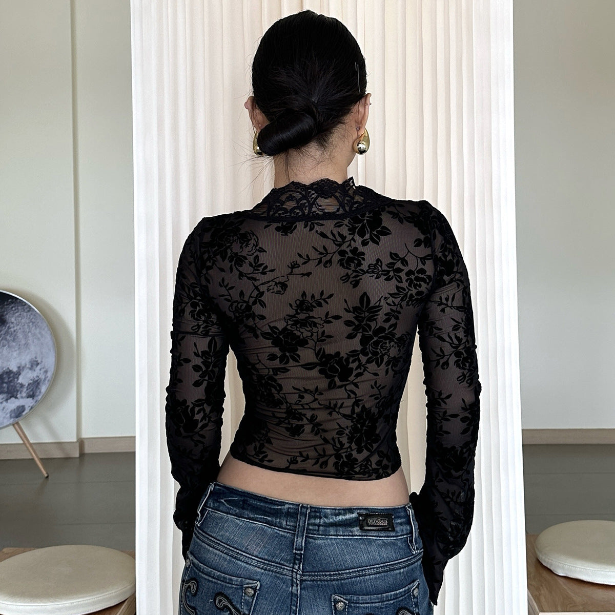 Damen Spitzenbluse mit Leopardenmuster und tiefem V-Ausschnitt R&B