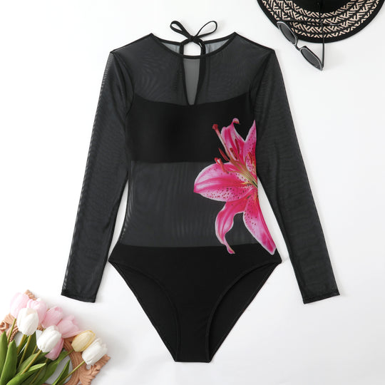 Damen Schwimmanzug mit langem Arm und elegantem Blumendesign R&B