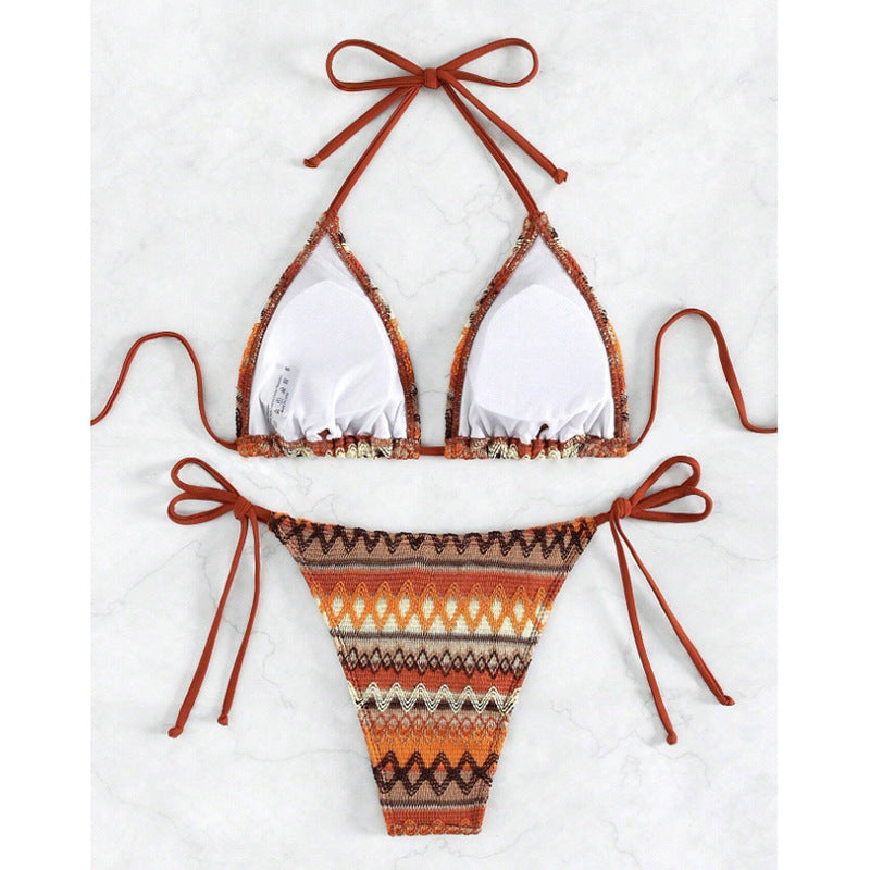 Damen Triangel-Bikini mit trendigem Ethno-Muster und verstellbaren Bindebändern R&B