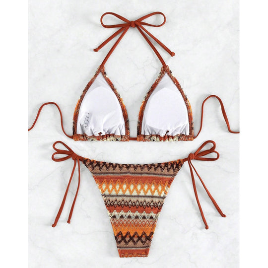 Damen Triangel-Bikini mit trendigem Ethno-Muster und verstellbaren Bindebändern R&B