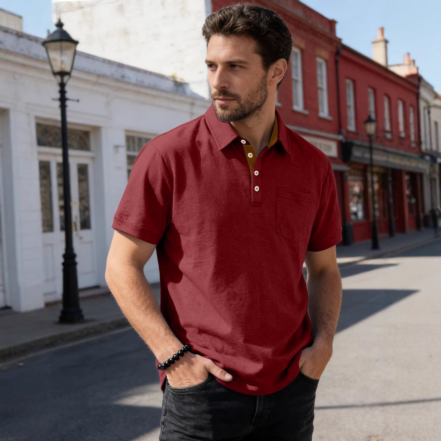 Herren nan Kurzarm-Polokragen-Shirt aus texturiertem Jersey mit Brusttasche und kontrastierter Knopfleiste R&B