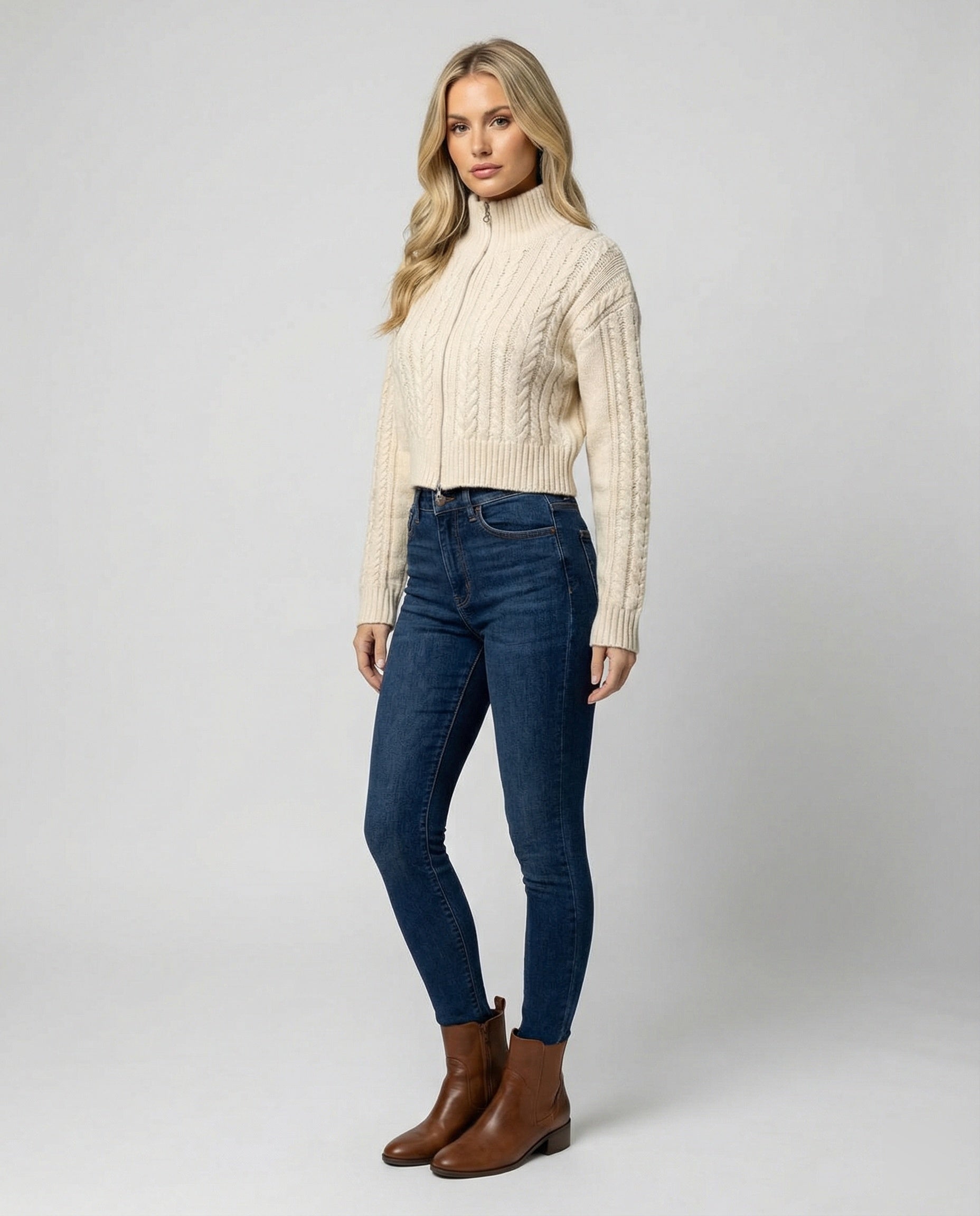 Damen Cropped-Strickblouson in Kabelstruktur mit Stehkragen und Zweiwege-Reißverschluss R&B