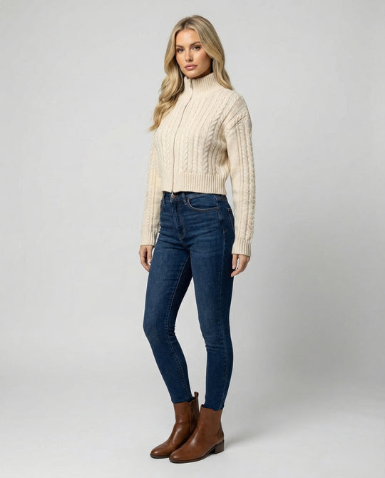 Damen Cropped-Strickblouson in Kabelstruktur mit Stehkragen und Zweiwege-Reißverschluss R&B