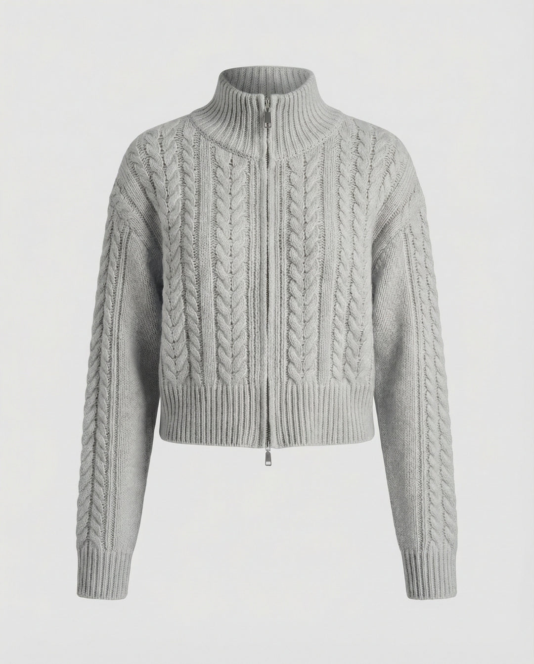 Damen Cropped-Strickblouson in Kabelstruktur mit Stehkragen und Zweiwege-Reißverschluss R&B