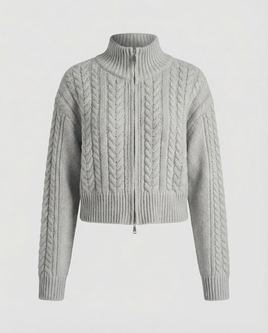Damen Cropped-Strickblouson in Kabelstruktur mit Stehkragen und Zweiwege-Reißverschluss R&B