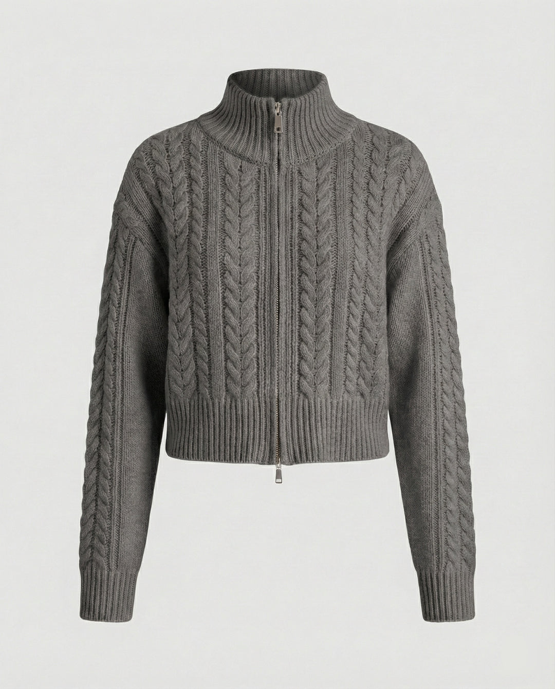 Damen Cropped-Strickblouson in Kabelstruktur mit Stehkragen und Zweiwege-Reißverschluss R&B