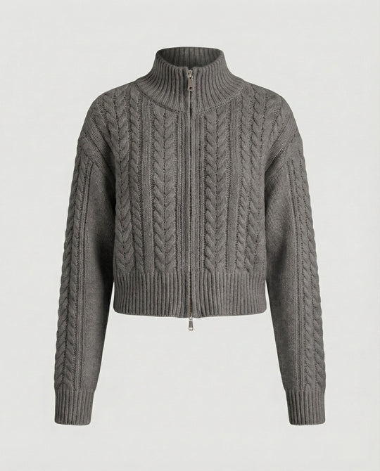 Damen Cropped-Strickblouson in Kabelstruktur mit Stehkragen und Zweiwege-Reißverschluss R&B