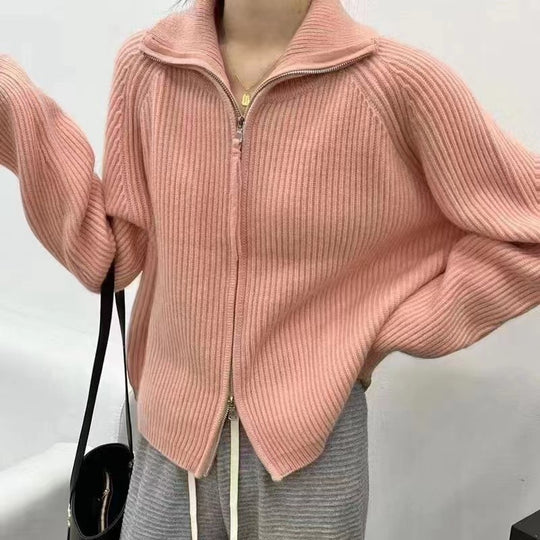 Damen Strickjacke mit hohem Kragen und durchgehendem Reißverschluss R&B