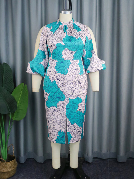 Damen elegantes Wickelkleid mit floralem Muster und modischen Cut-Out-Ärmeln R&B