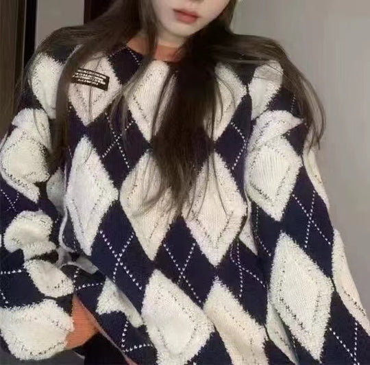Damen Flauschiger Pullover mit modernem Rhombenmuster und lässigem Schnitt R&B