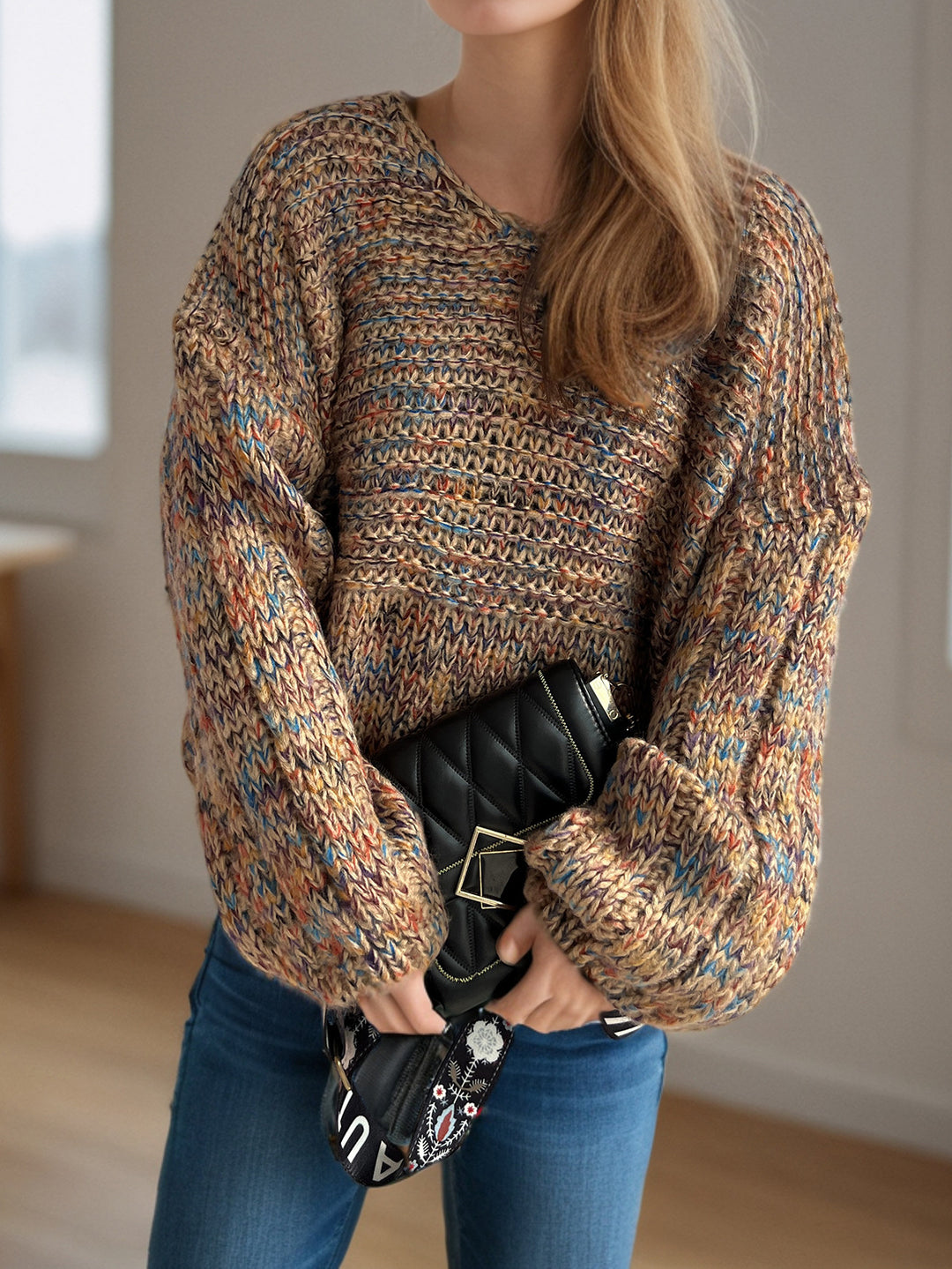 Damen grob gestrickter Pullover mit voluminösen Ärmeln R&B