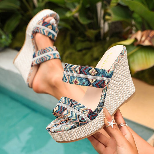 Damen Wedge-Pantoletten mit kunstvollem Ethno-Muster R&B