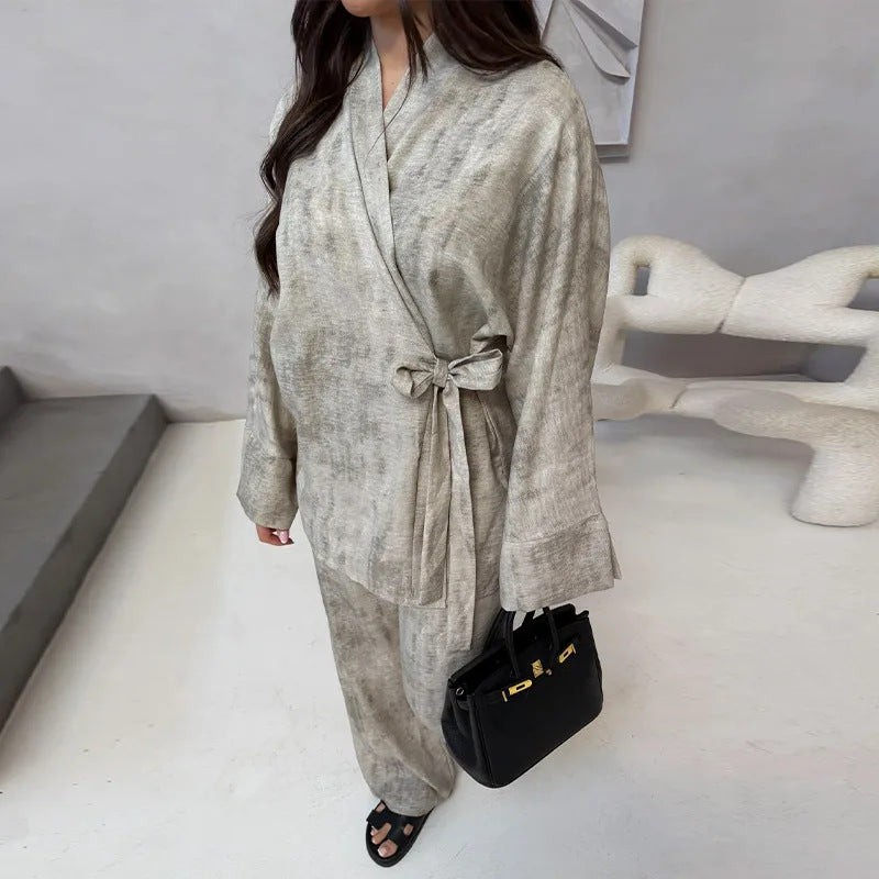 Damen Leichtes Loungewear Set mit Wickeljacke und weiten Haremshosen R&B