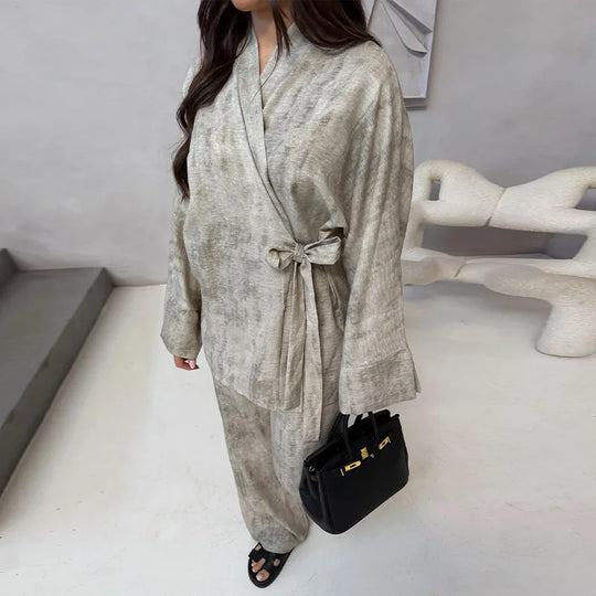 Damen Leichtes Loungewear Set mit Wickeljacke und weiten Haremshosen R&B