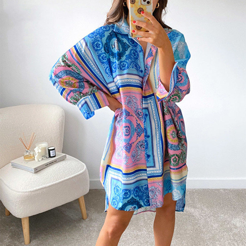 Damen stylisches Oversized-Hemdkleid mit buntem Muster und weit geschnittenen Ärmeln R&B