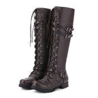 Damen Langer Schnür-Stiefel mit modischen Schnallen und robustem Profil