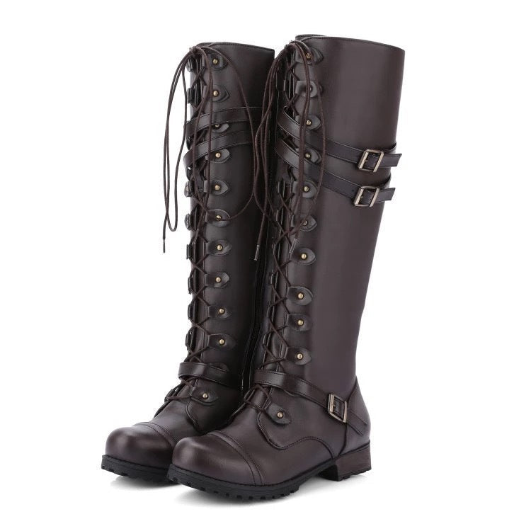 Damen Langer Schnür-Stiefel mit modischen Schnallen und robustem Profil