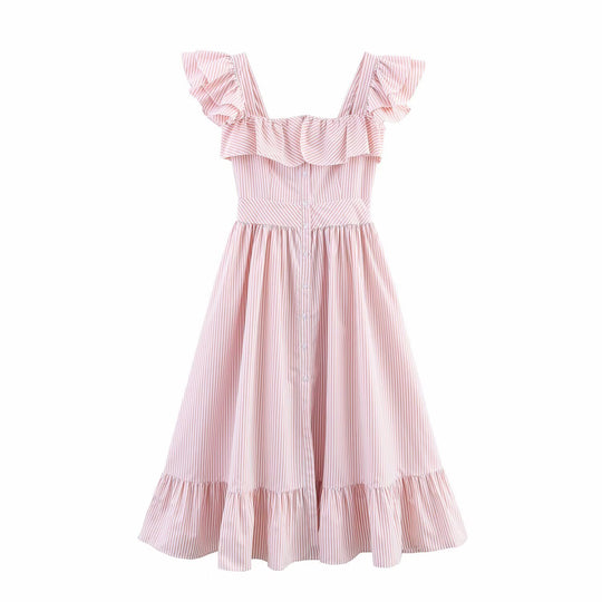 Damen Maxikleid mit voluminösem Rüschen-Design und Knopfverschluss R&B