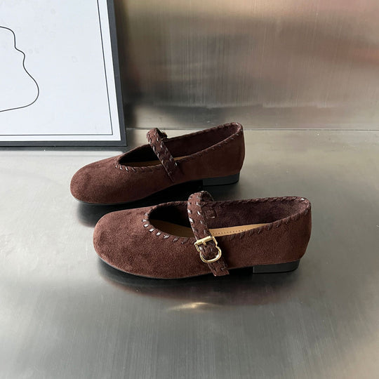 Damen elegante Ballerinas mit geflochtenem Riemen und hochwertiger Veloursoberfläche R&B