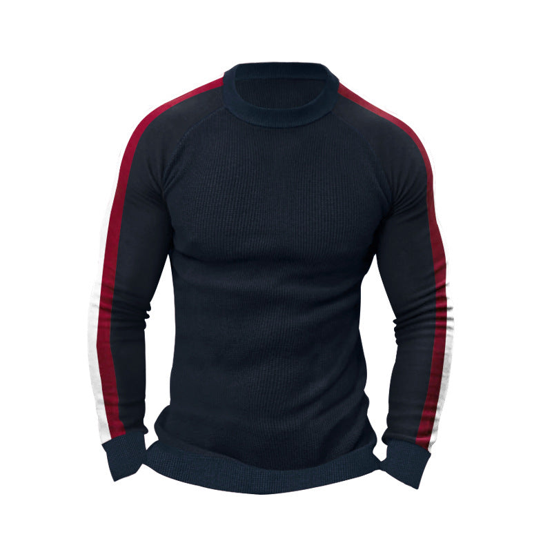 Herren sportlicher Strickpullover mit kontrastierenden Ärmeln und hohem Kragen R&B