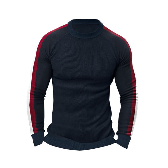 Herren sportlicher Strickpullover mit kontrastierenden Ärmeln und hohem Kragen R&B