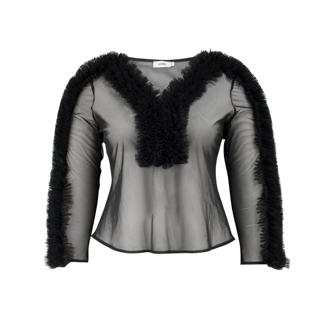 Damen transparente Bluse mit voluminösen Rüschen R&B