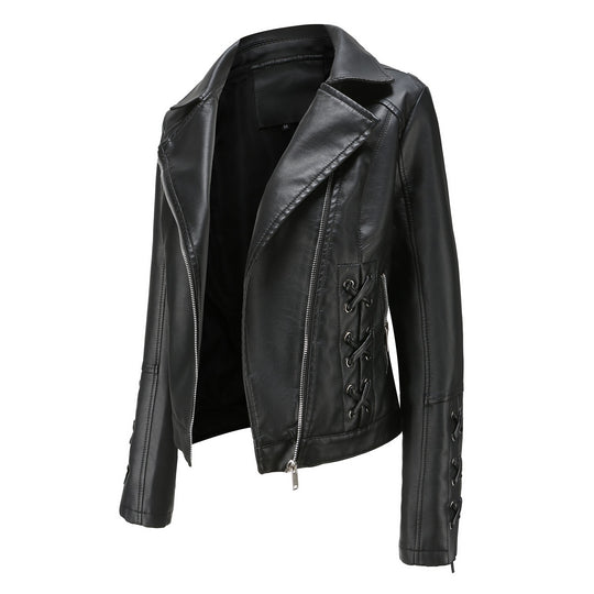 Damen modische Kunstlederjacke mit raffinierten Schnürdetails R&B