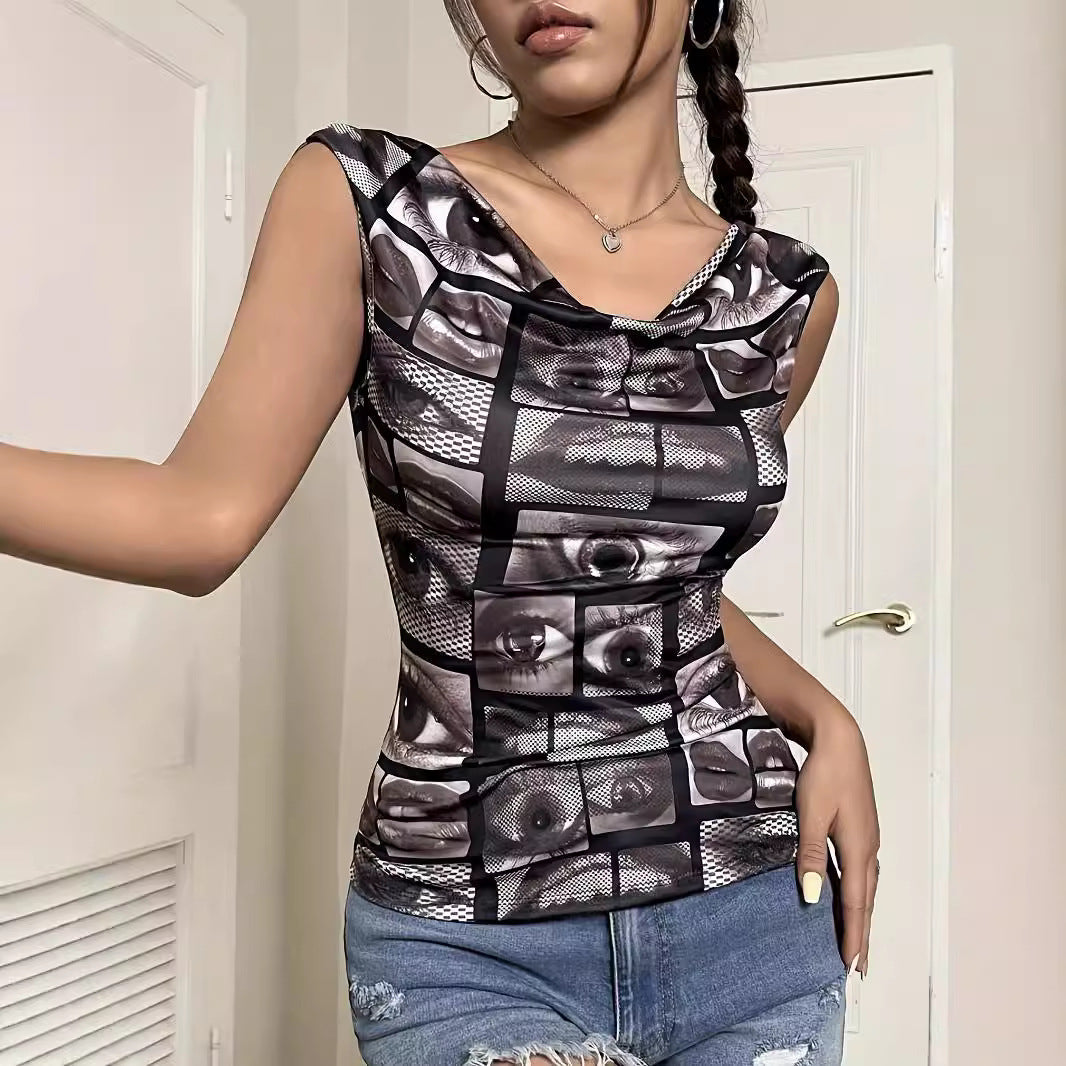 Damen nan tailliertes ärmelloses Jersey-Top mit Wasserfallkragen und collageartigem Gesichtsprint R&B