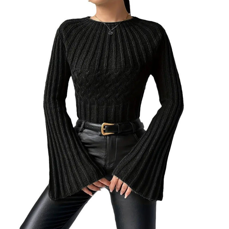 Damen Strickpullover mit weitem Ärmel und Zopfmuster R&B