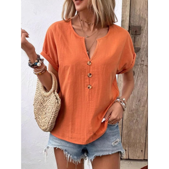 Damen lässige Bluse mit Knopfleiste und rundem Ausschnitt R&B