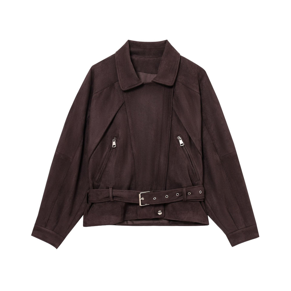 Damen Elegante Wildlederjacke mit modischen Schnallen und praktischen Taschen R&B